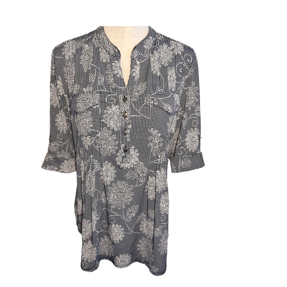 Cocomo Women Gray White Geometric Texture Floral Cuffed Babydoll Tunic Blouse L